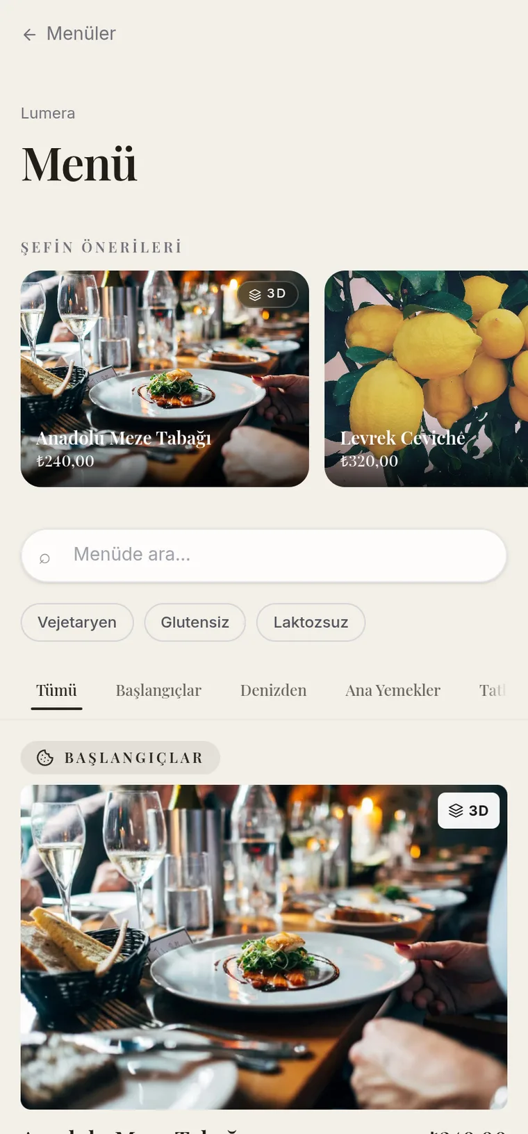 Lumera — örnek menü ekranı